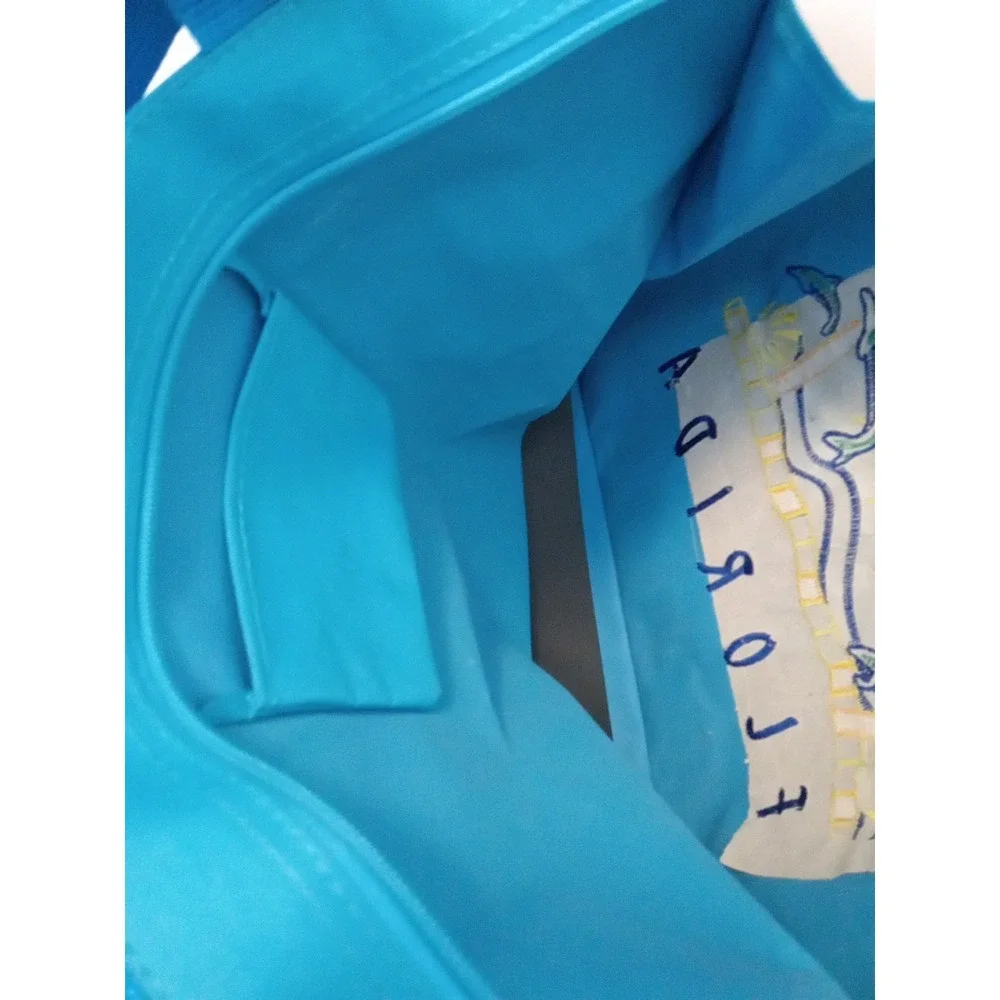 Happy Island Teal Blue Embroidery Florida Dolphins Palm Trees Canvas Bag 20x15x4